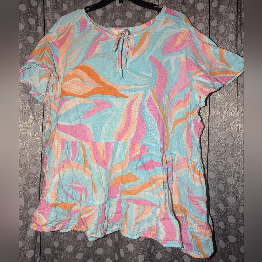TERRA & SKY Short Sleeve Peplum Bright Multi Colored Top 2x (16W-18W)
